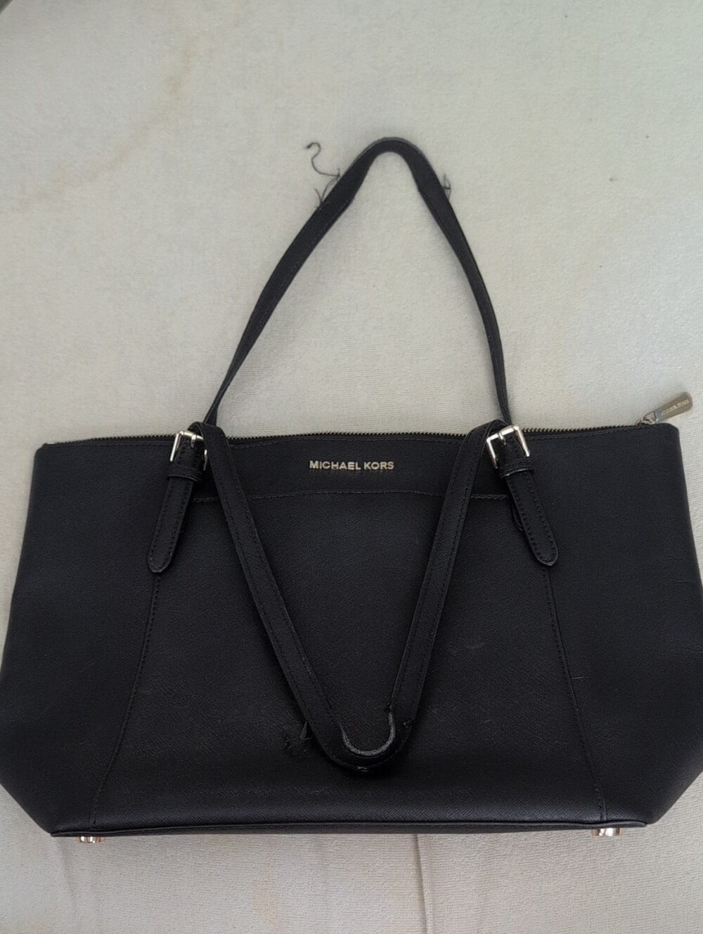 Michael Kors Black Leather Top-Zip Tote with Gold Logo